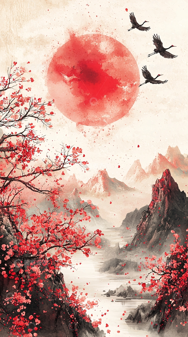 高清大图下载【趣麦麦图】红日山川水墨画