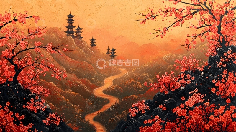 高清大图下载【趣麦麦图】日落山谷寺庙樱花