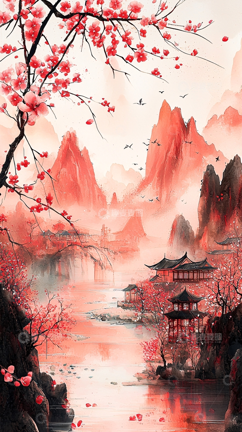高清大图下载【趣麦麦图】红色水墨山水桃花