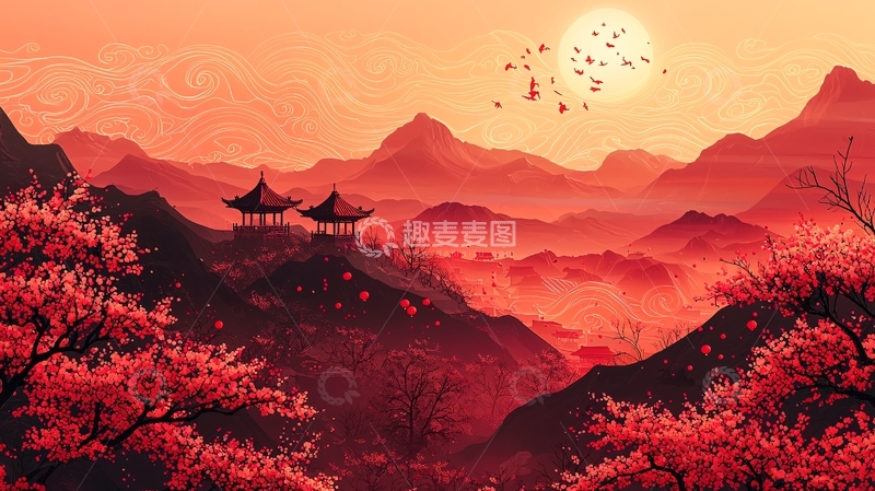 高清大图下载【趣麦麦图】日落山川水墨画