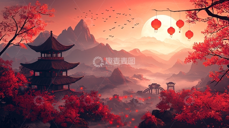 高清大图下载【趣麦麦图】红枫叶下的日式古建筑