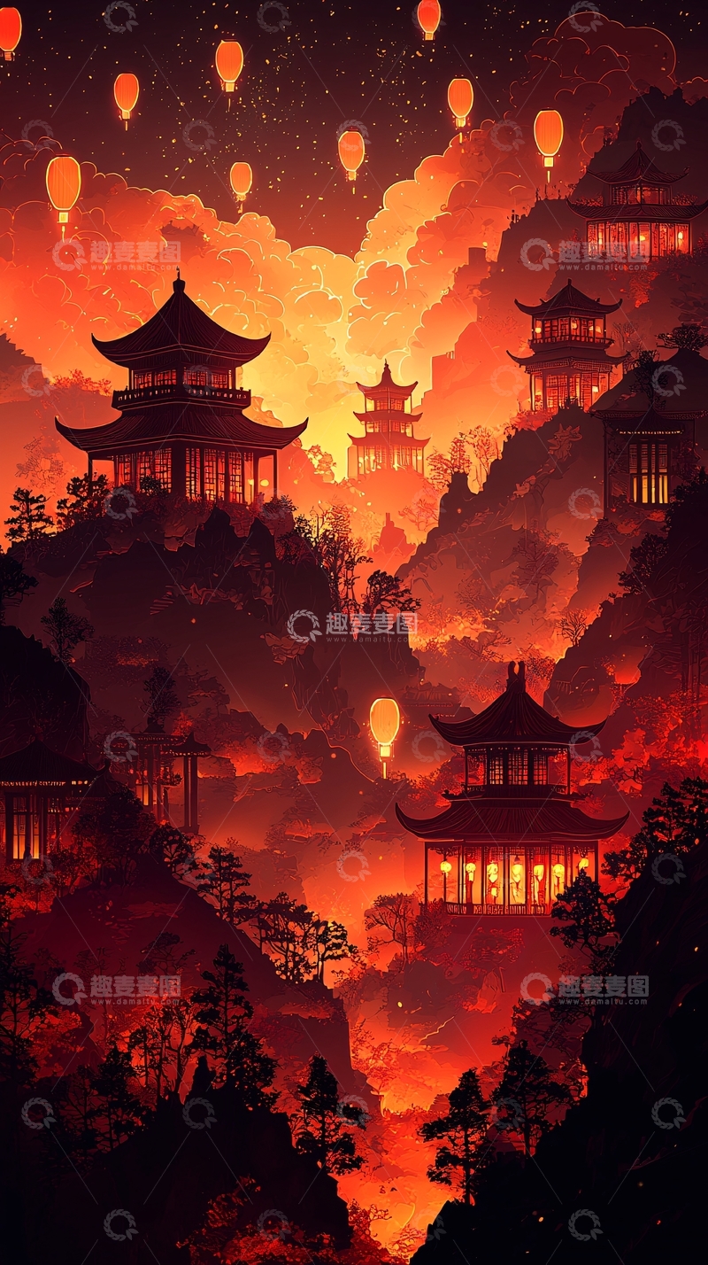 高清大图下载【趣麦麦图】山峦间的红色寺庙