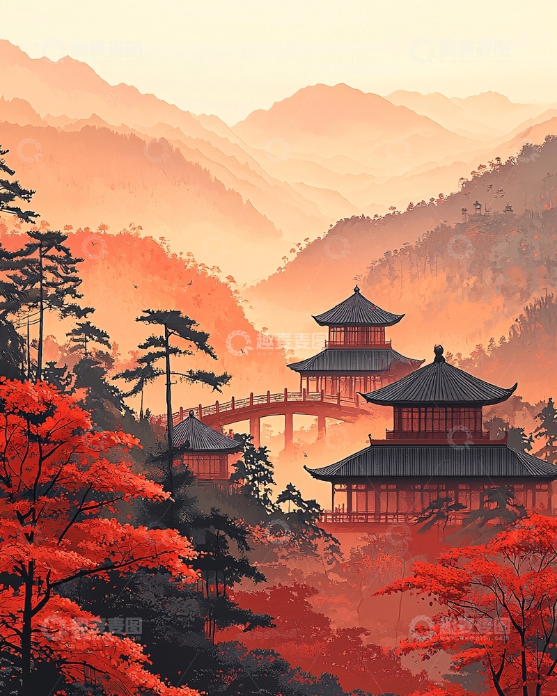 高清大图下载【趣麦麦图】山间寺庙红枫秋景