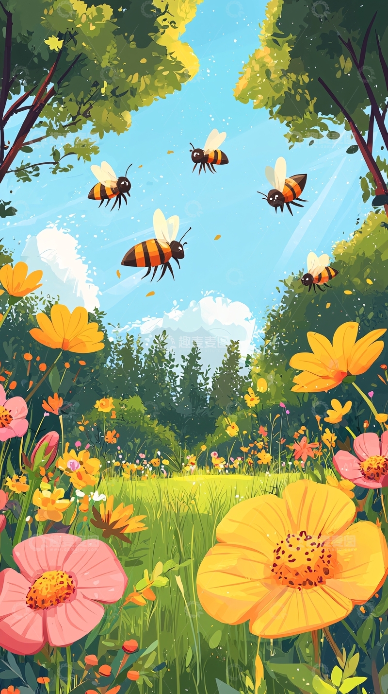 高清大图下载【趣麦麦图】蜜蜂飞舞花丛中
