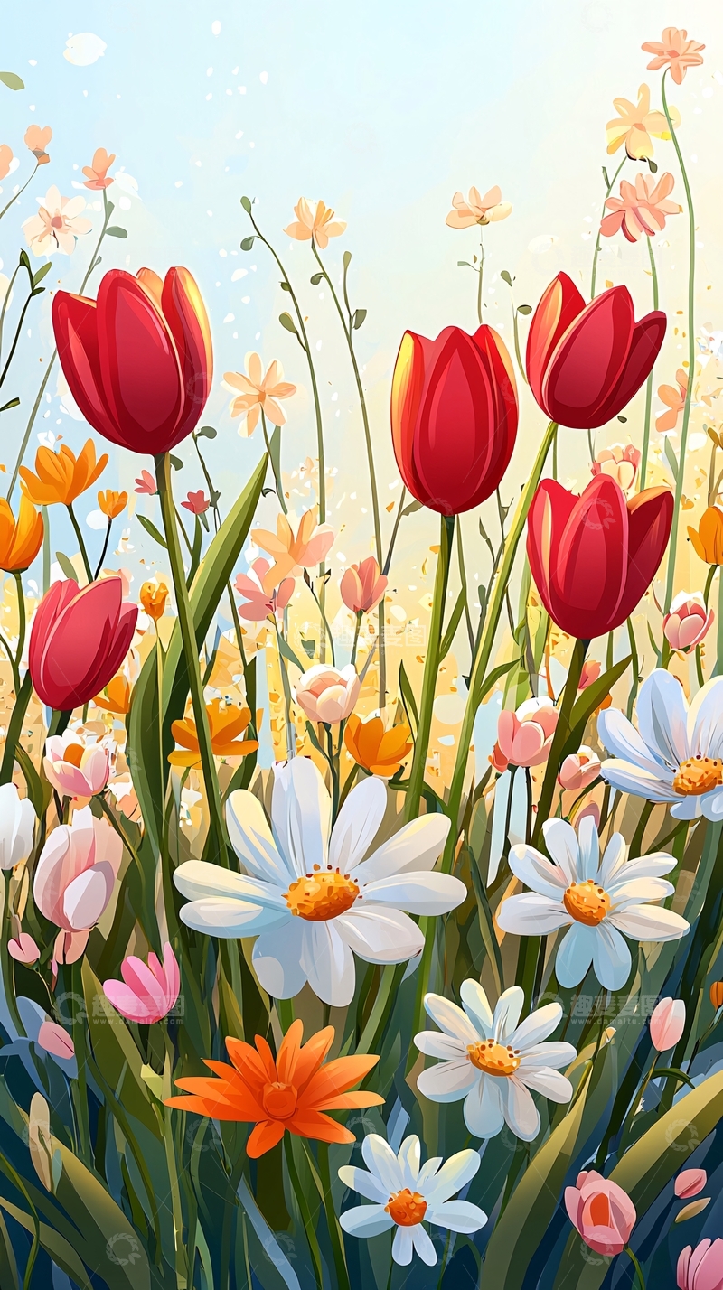 高清大图下载【趣麦麦图】阳光下盛开的郁金香和雏菊