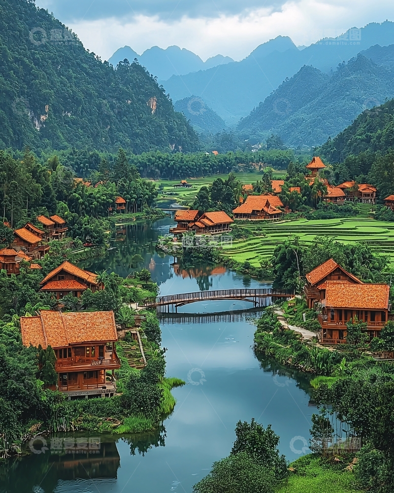 高清大图下载【趣麦麦图】山间木屋河景