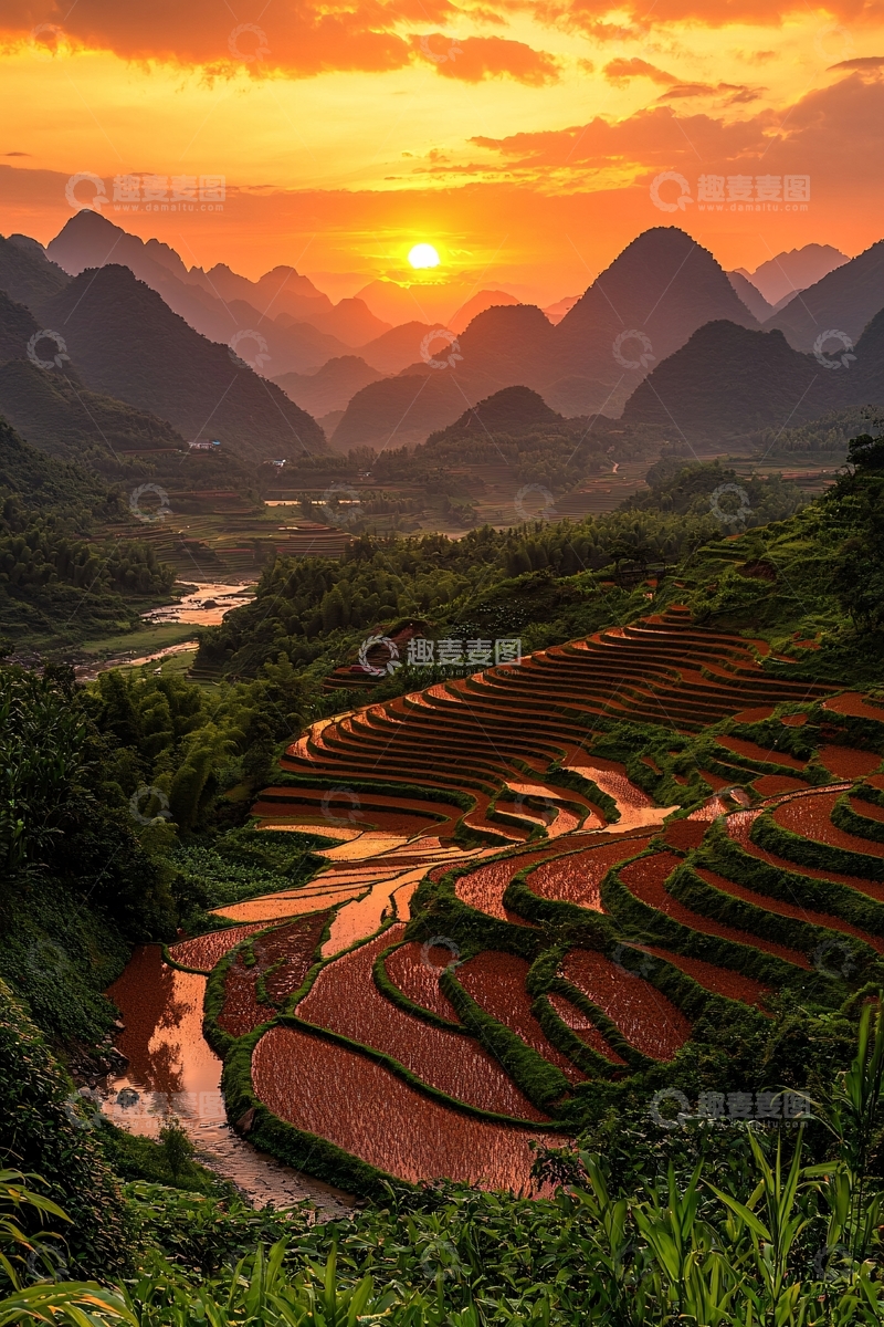 高清大图下载【趣麦麦图】日落山峦梯田美景