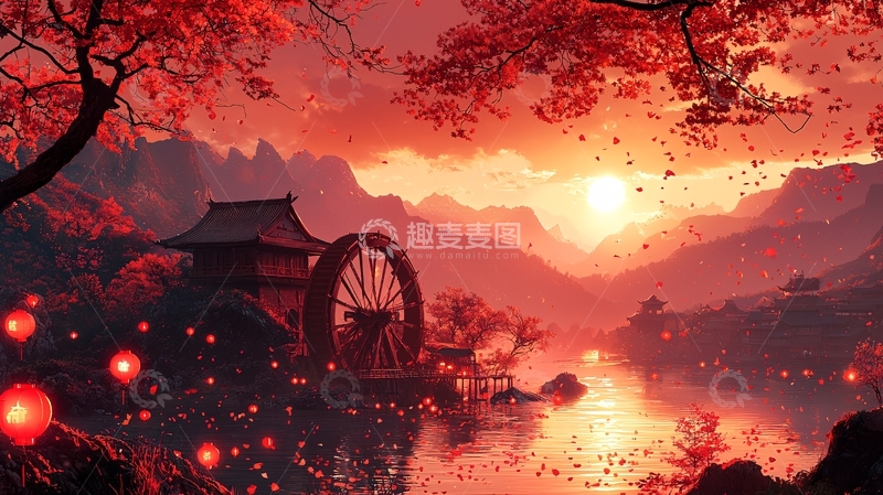 高清大图下载【趣麦麦图】中国风红色水墨画意境