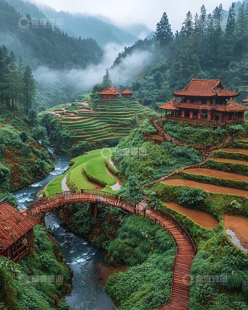 高清大图下载【趣麦麦图】雾气缭绕的山村梯田