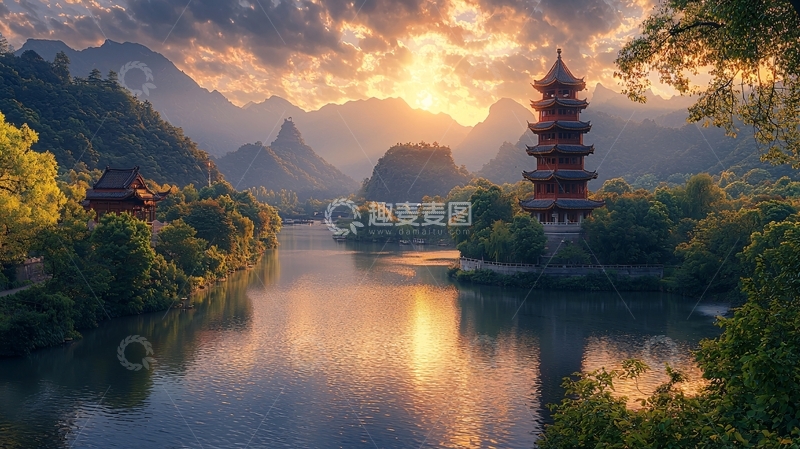高清大图下载【趣麦麦图】夕阳下山水古塔风景