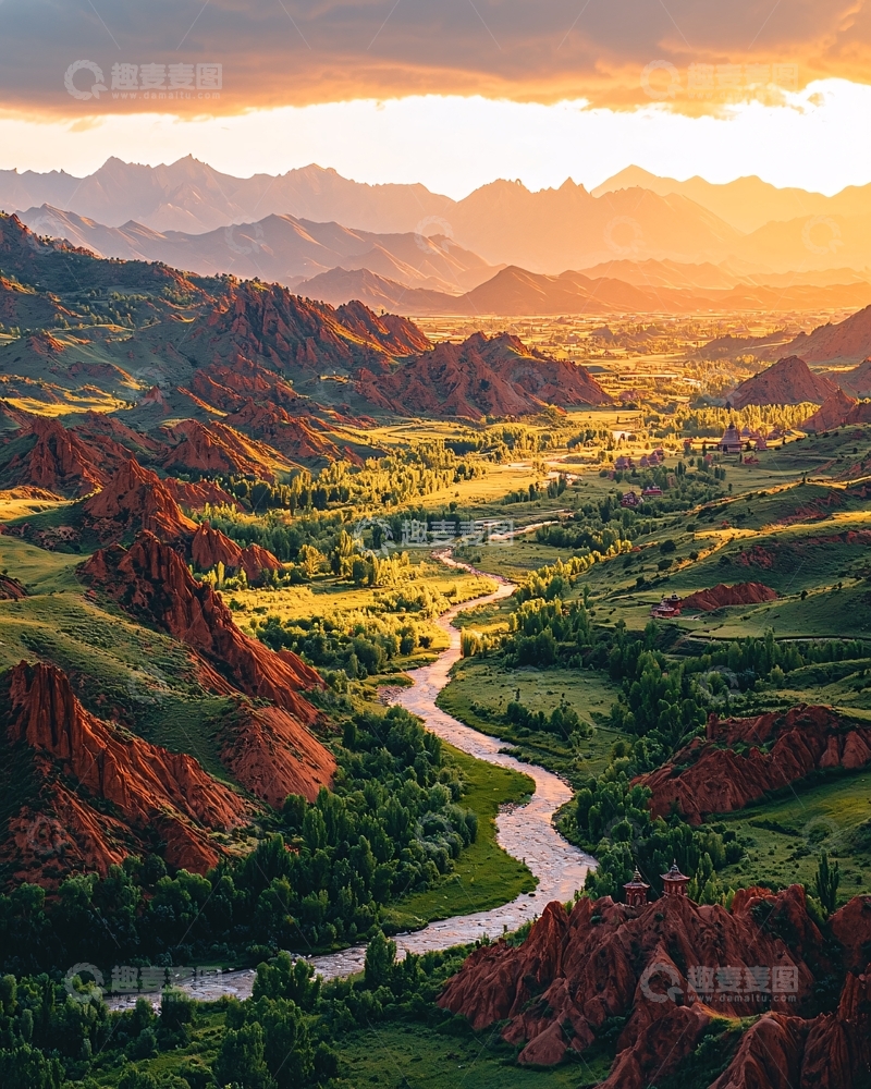 高清大图下载【趣麦麦图】夕阳下的山谷河流