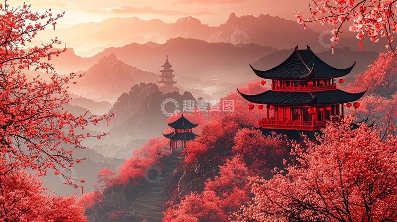 高清大图下载【趣麦麦图】红枫山间古塔晨曦