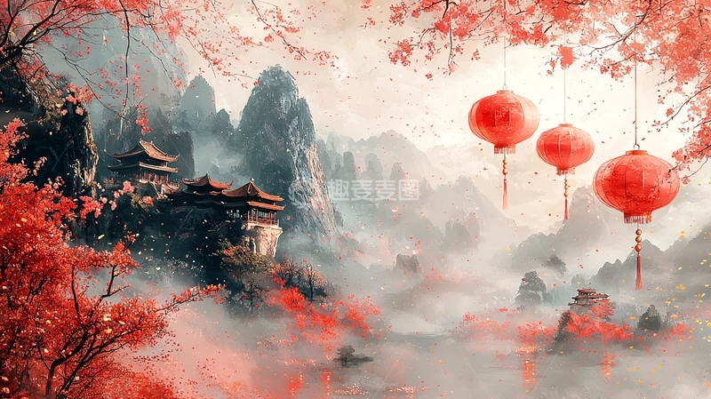 高清大图下载【趣麦麦图】红枫山峦中国风意境图