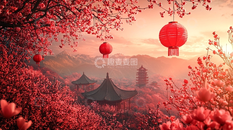 高清大图下载【趣麦麦图】红霞下的中式建筑与樱花