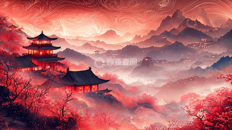 高清大图下载【趣麦麦图】红枫山峦古寺夜景