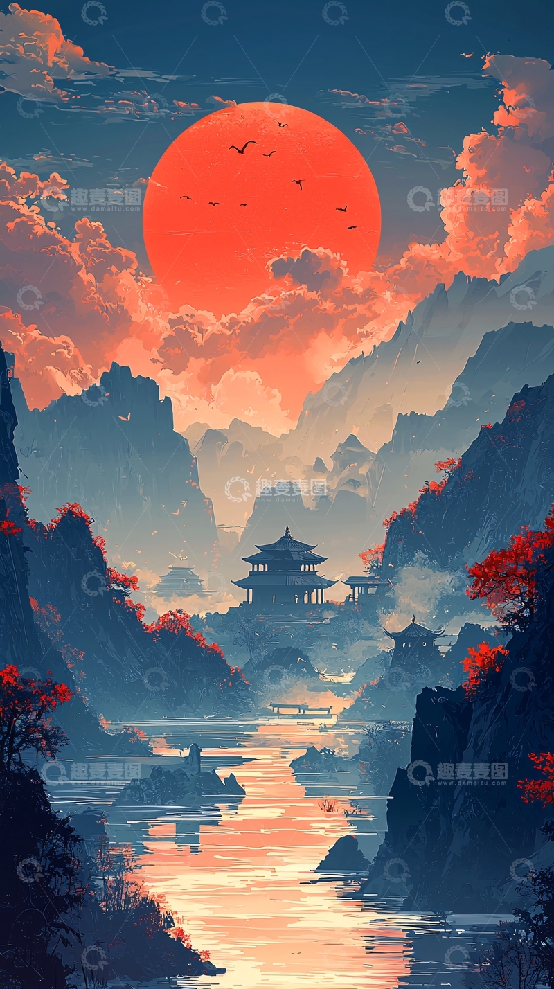 高清大图下载【趣麦麦图】红日山川水墨画