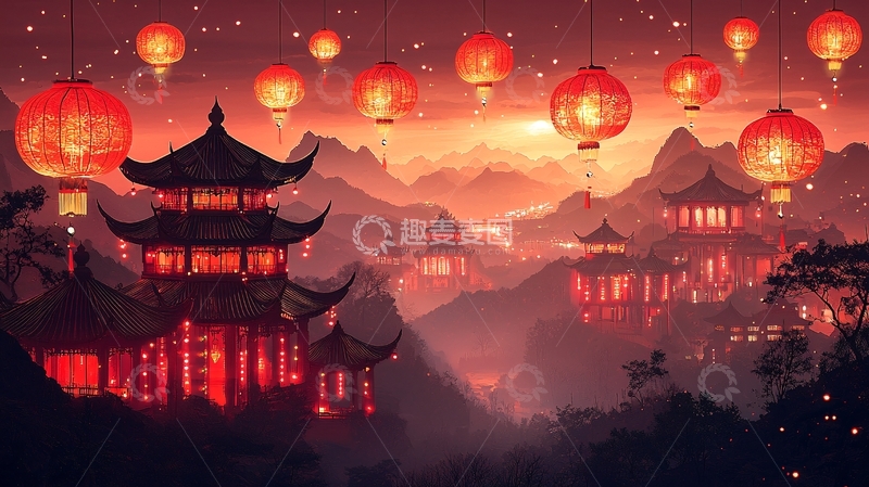 高清大图下载【趣麦麦图】红灯笼飞舞的山间古镇