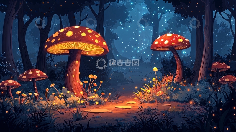 高清大图下载【趣麦麦图】梦幻森林萤火蘑菇