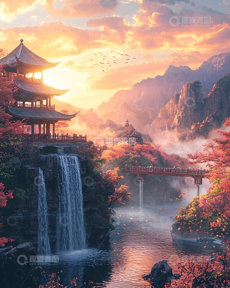 高清大图下载【趣麦麦图】日出山景中国风建筑