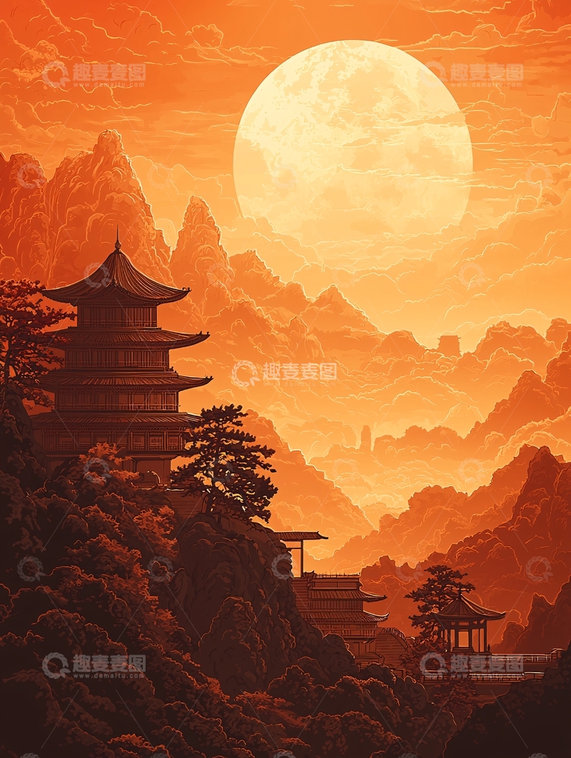 高清大图下载【趣麦麦图】橙色日落山峰寺庙