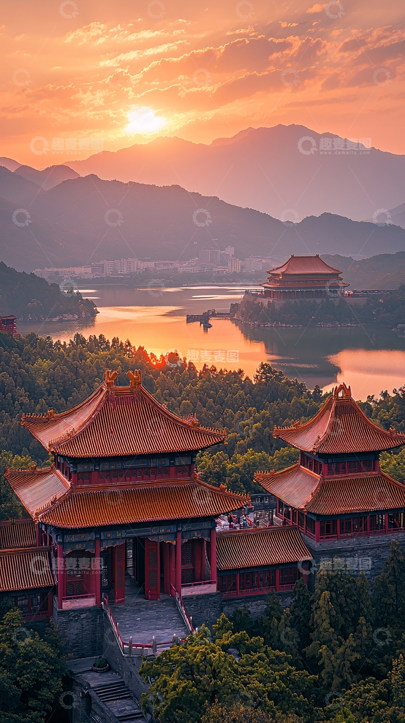 高清大图下载【趣麦麦图】夕阳西下下的中国古建筑