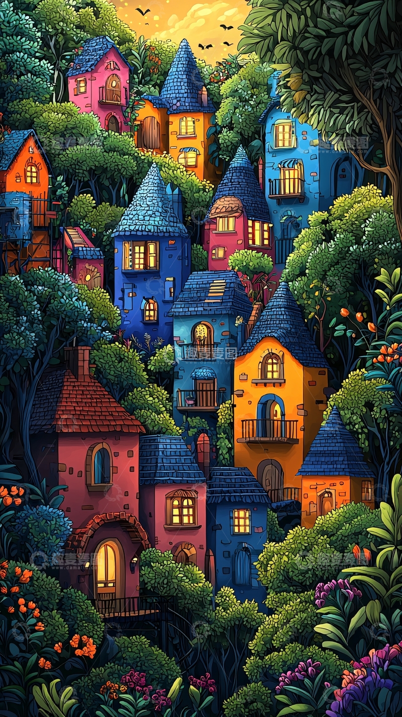 高清大图下载【趣麦麦图】彩色山坡小镇