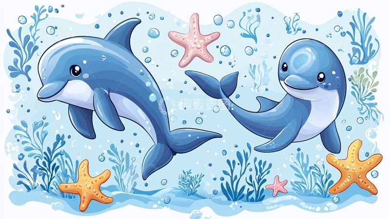 高清大图下载【趣麦麦图】卡通海豚与海星珊瑚礁
