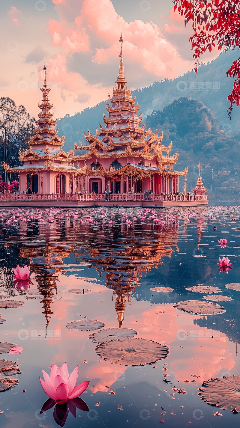 高清大图下载【趣麦麦图】粉色寺庙湖中倒影
