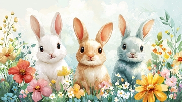 三只兔子在花丛中