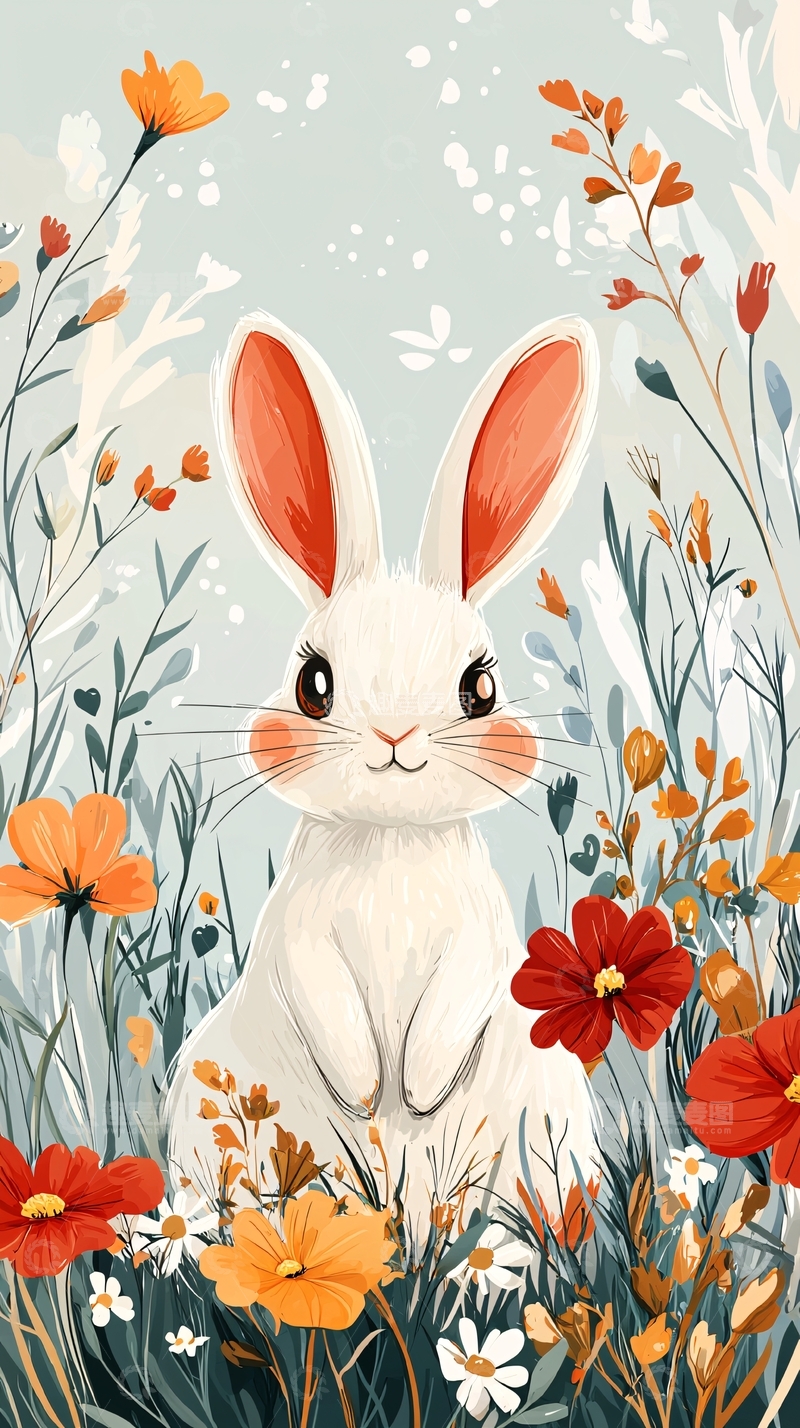 高清大图下载【趣麦麦图】可爱小白兔花丛