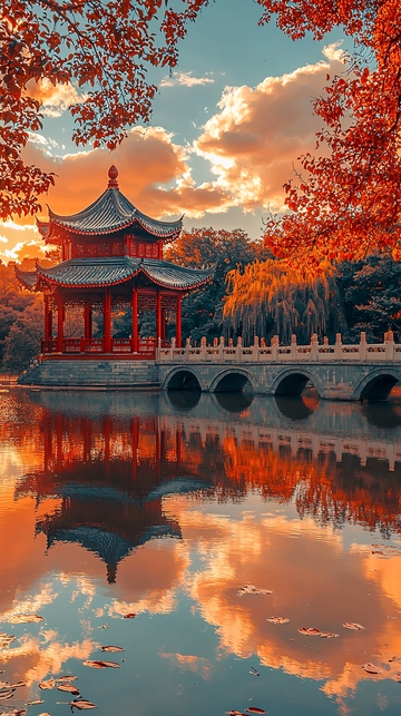 秋日红枫古亭倒影