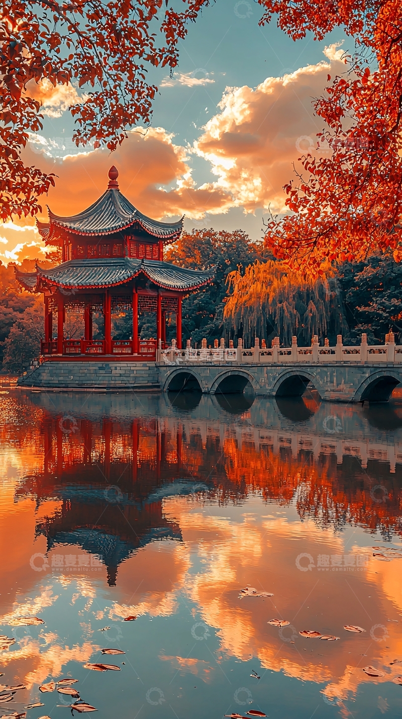 高清大图下载【趣麦麦图】秋日红枫古亭倒影