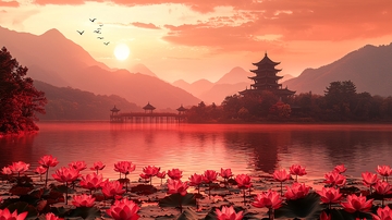 红霞下的湖边古塔