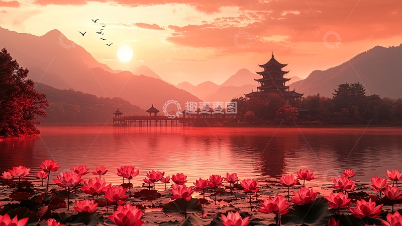 高清大图下载【趣麦麦图】红霞下的湖边古塔