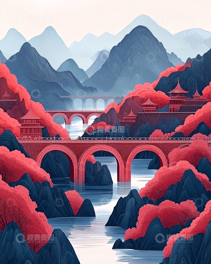 高清大图下载【趣麦麦图】红桥流水山峦景色