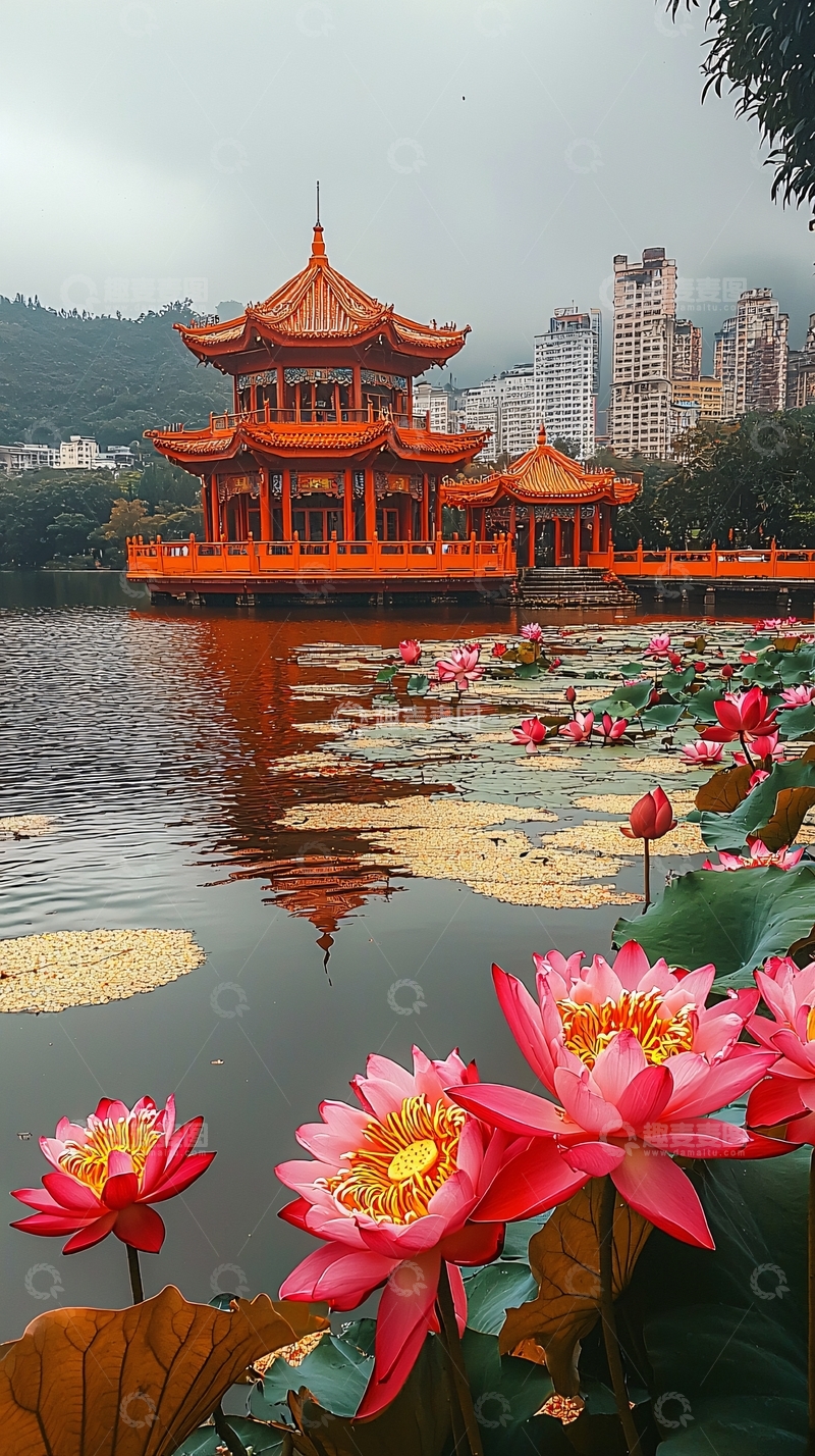 高清大图下载【趣麦麦图】红亭碧水荷花盛开