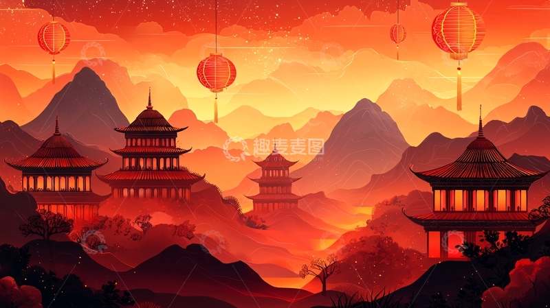 高清大图下载【趣麦麦图】红色山峦中式建筑