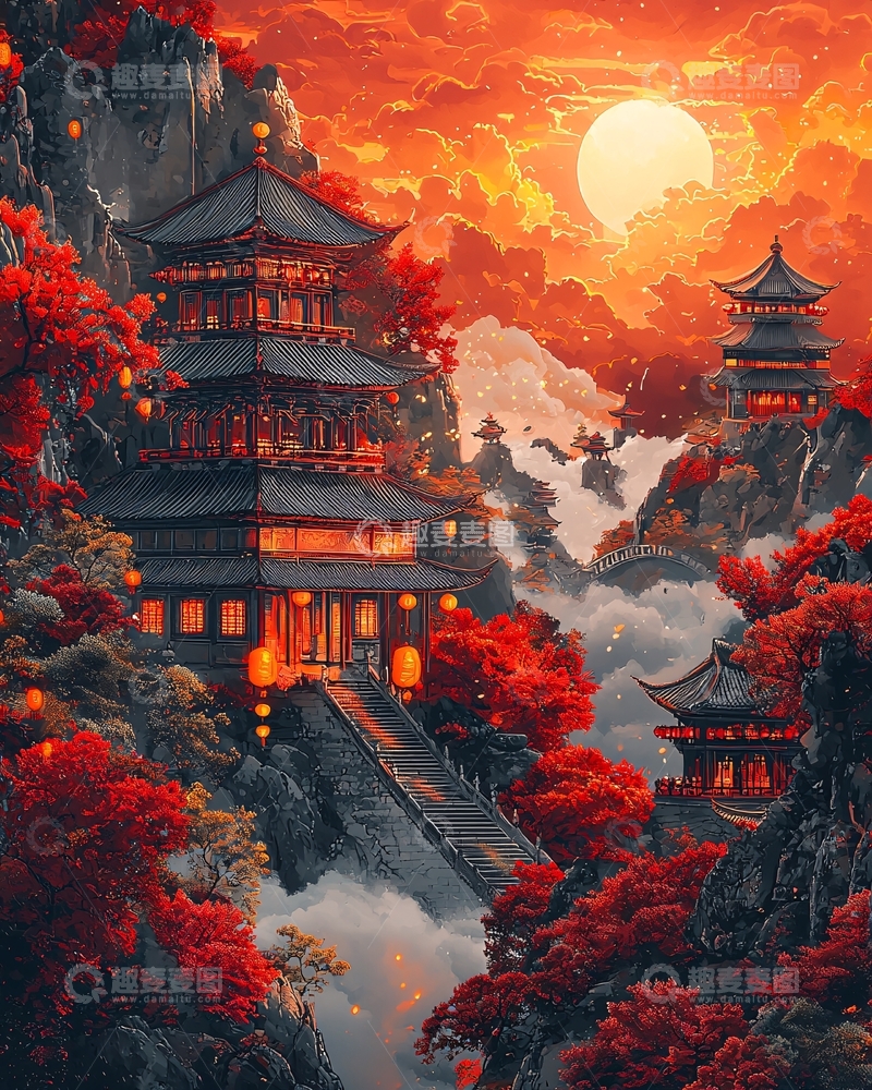 高清大图下载【趣麦麦图】红日山峦间巍峨古刹