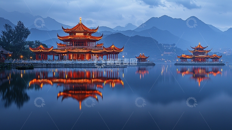 高清大图下载【趣麦麦图】湖光山色夜景