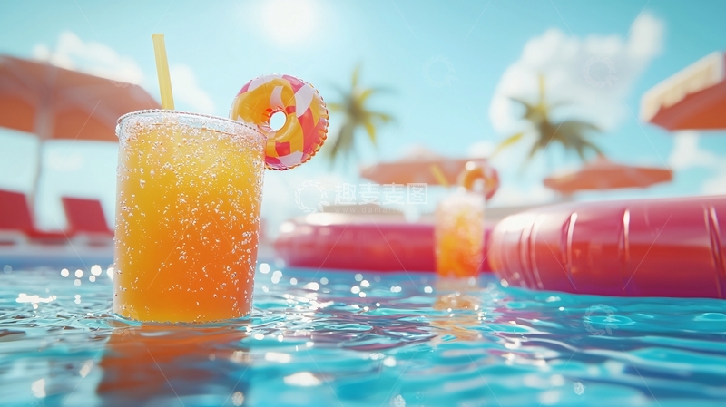 高清大图下载【趣麦麦图】泳池边冰镇橙汁饮品