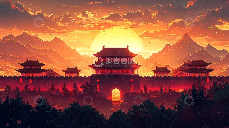 高清大图下载【趣麦麦图】东方日出下的古代城堡