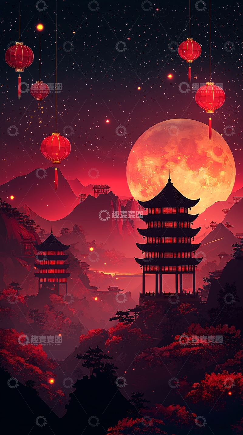 高清大图下载【趣麦麦图】红色月夜