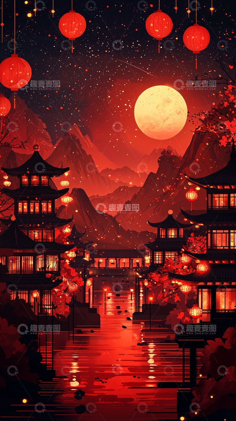 高清大图下载【趣麦麦图】红月下的中国古镇