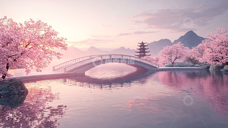 高清大图下载【趣麦麦图】唯美樱花树下拱桥风景