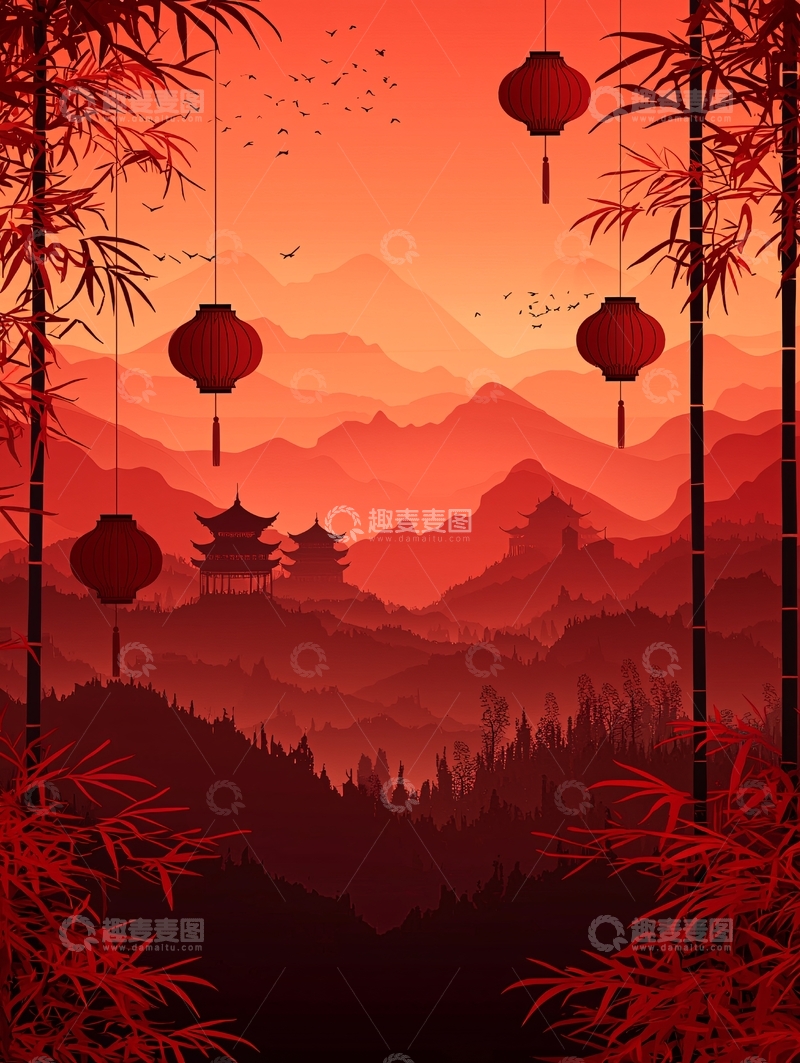 高清大图下载【趣麦麦图】红色山水画