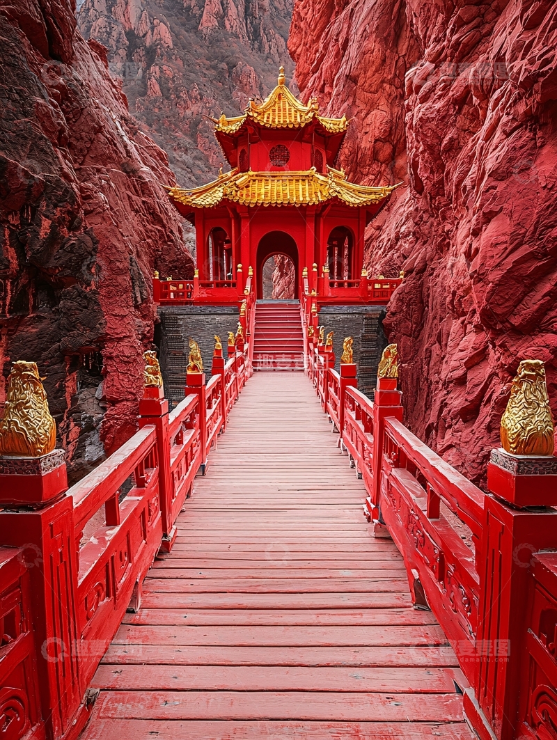 高清大图下载【趣麦麦图】红色木桥与金色寺庙