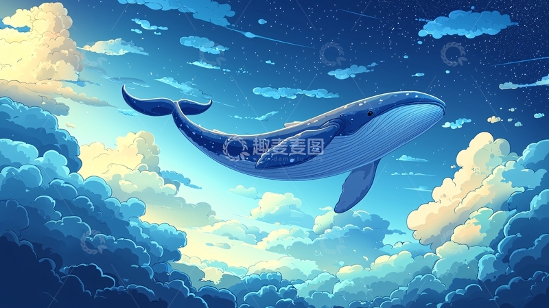 高清大图下载【趣麦麦图】蓝鲸飞翔在云朵之上