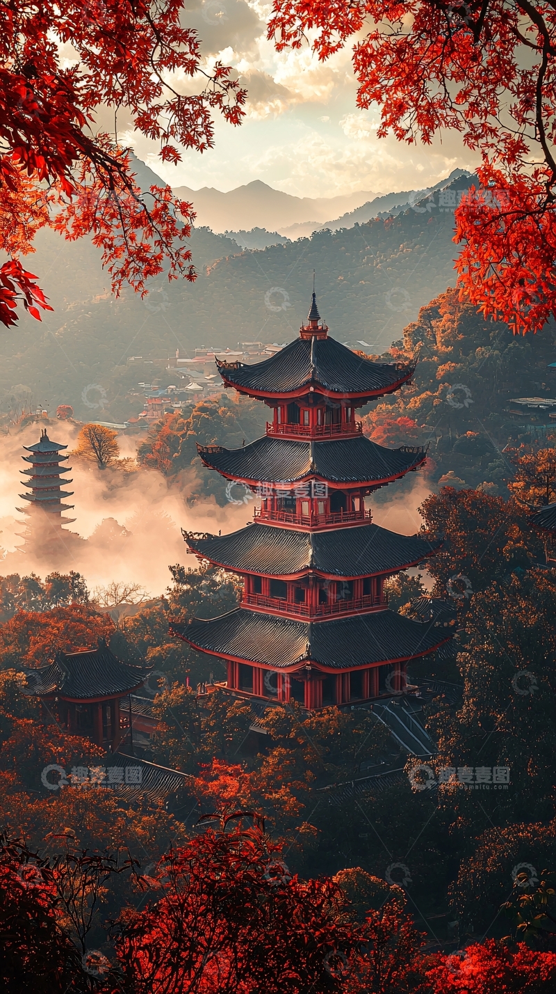 高清大图下载【趣麦麦图】秋日红叶古塔山景