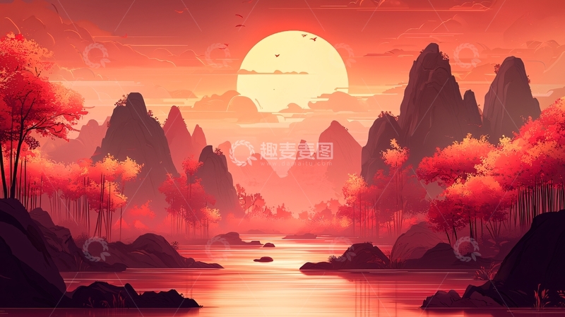 高清大图下载【趣麦麦图】红日西下山水画