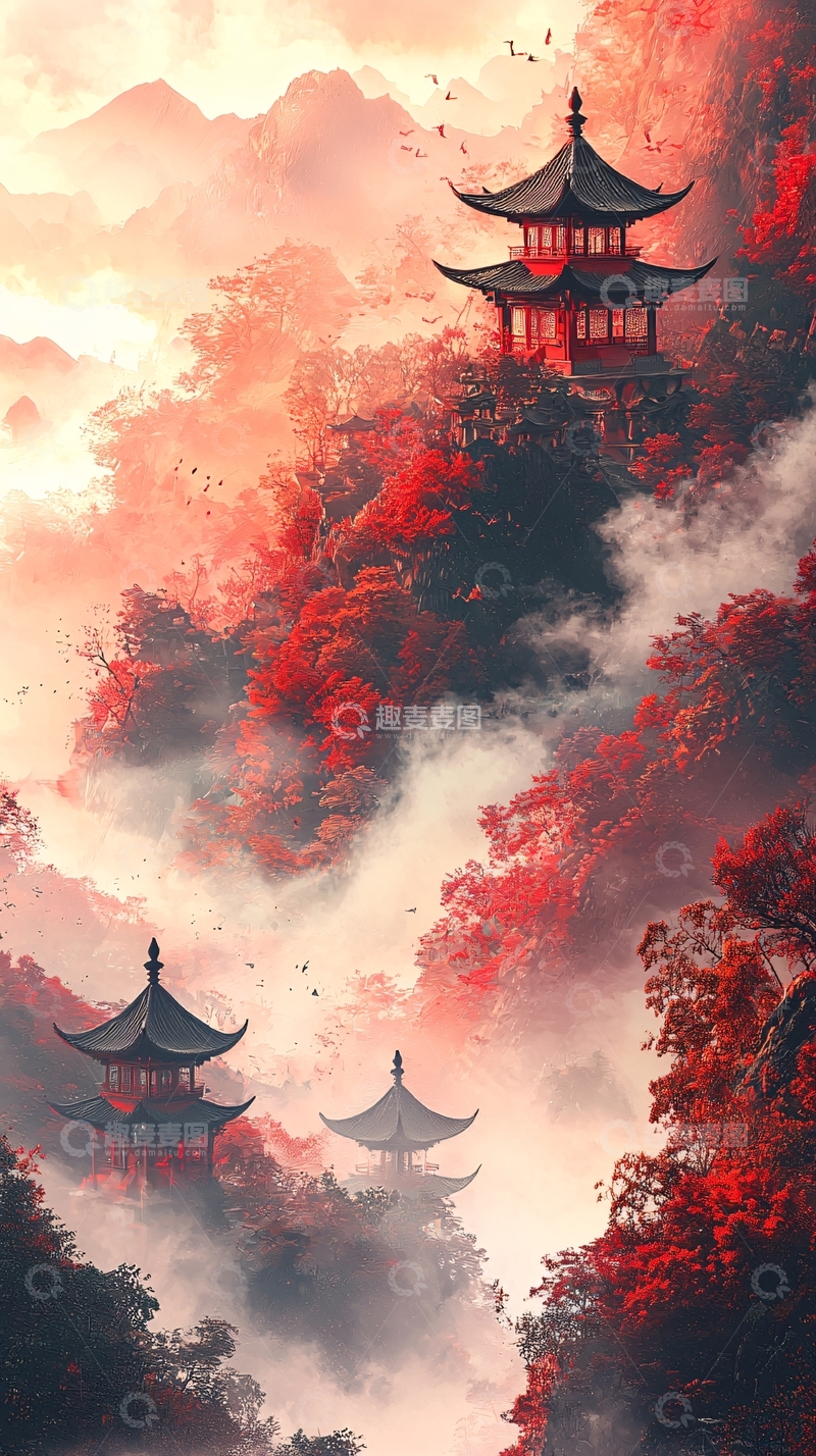 高清大图下载【趣麦麦图】红枫山间古色古香的寺庙